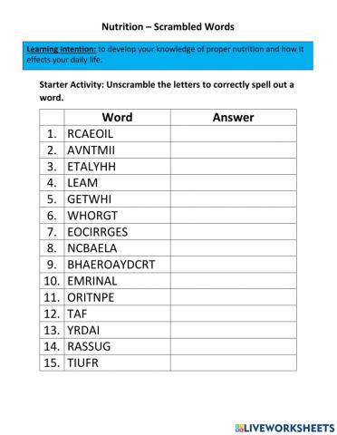 Nutrition - Scrambled Words