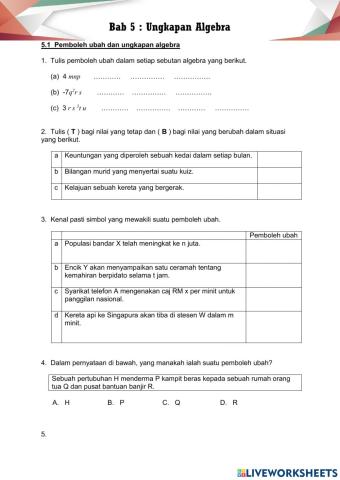 Bab 5: Ungkapan Algebra (Pemboleh ubah)