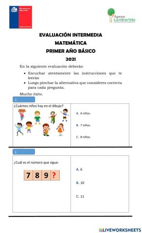 Evaluación Intermedia 1ºBásico:Matemática