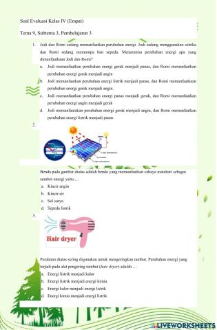 Evaluasi Kelas IV Tema 9 Subtema 3 Pembelajaran 2