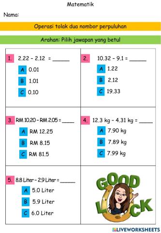 Operasi tolak dua nombor perpuluhan