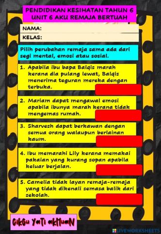 Pendidikan Kesihatan Tahun 6 Unit 6 Set B