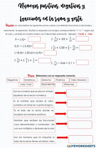 Suma y resta con fracciones, decimales, positivos y negativos