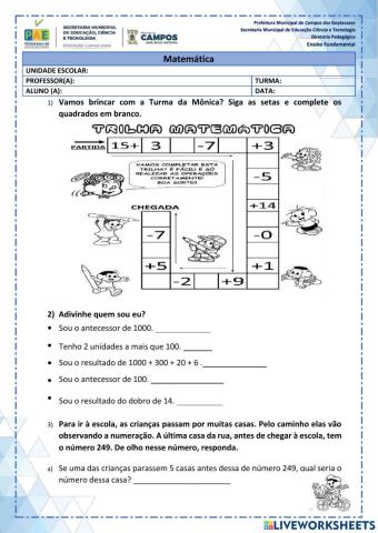 Atividade de Matemática com desafios