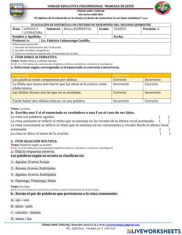 4 LL - Evaluación Segundo Quimestre.