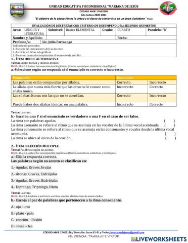 4 B LL - Evaluación Segundo Quimestre.