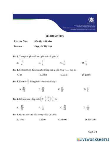 Toán 4 - 07.06.2021 - 11.06.2021 - Ôn tập cuối năm