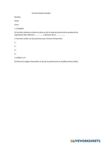 Test de repaso de Examen Quimestral de Estudios Sociales