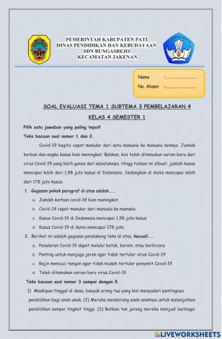 Evaluasi Kelas 4 Tema 1 Subtema 3 Pembelajaran 4