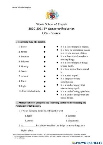 Final Evaluation Science sheet