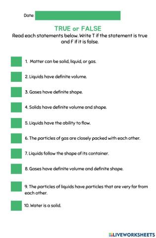 States of Matter: True or False Worksheet