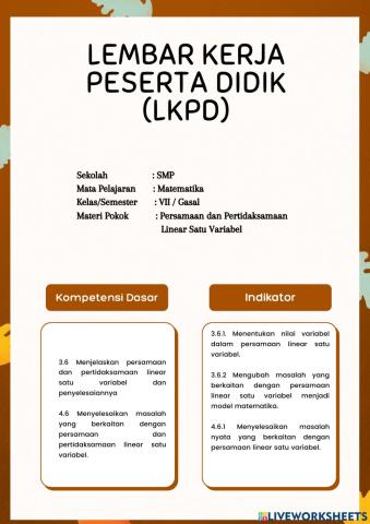 LKPD Interaktif  Kelas 7 Tentang Persamaan Linear Satu Variabel