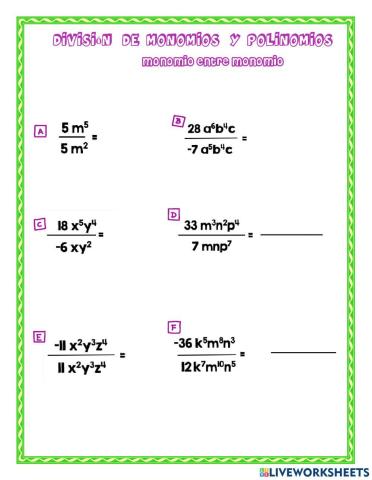 División de monomios y polinomios
