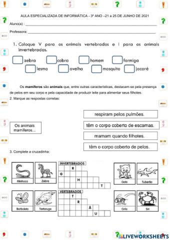 Animais vertebrados e invertebrados