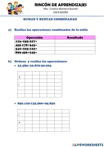 Ficha de sumas y restas combinadas