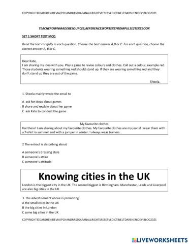 Pt3 short text mcq worksheets 2 sets 16 questions