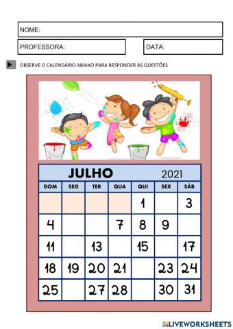 Calendário Julho 2021