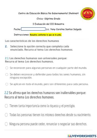 I Evaluación del III Bimestre Cívica -Séptimo Grado