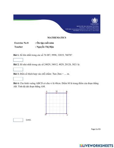 Toán 3 - 05.07.2021 - 09.07.2021 - Ôn tập cuối năm