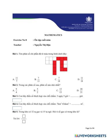 Toán 4 - 05.07.2021 - 09.07.2021 - Ôn tập cuối năm