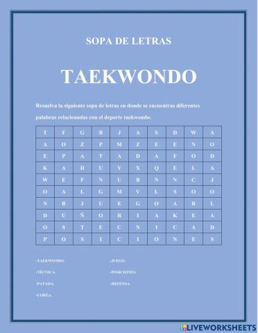 Sopa de letras Taekwondo