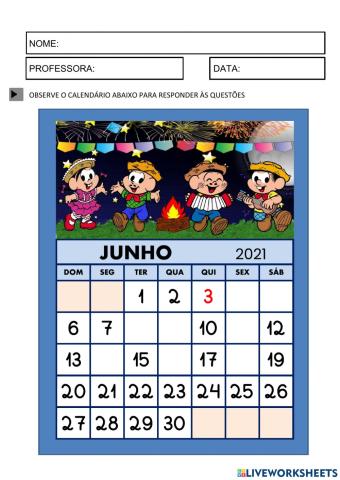 Calendário Junho 2021