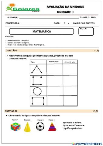 Avaliação matemática 2ª unidade