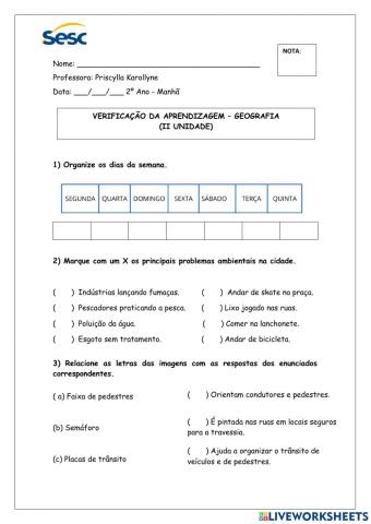 Verificação de aprendizagem de geografia -sesc 2 ANO