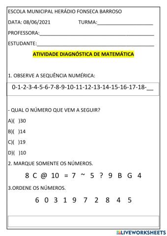 Atividade diagnóstica de matemática 1º ano