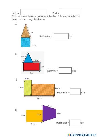 Cari perimeter bentuk gabungan berikut