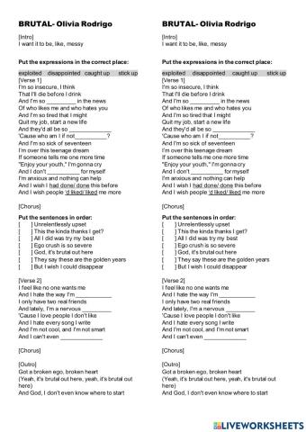 Brutal- Olivia Rodrigo Song Worksheet