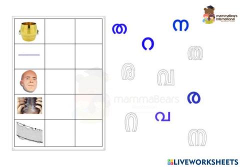 Malayalam Letter Identification Worksheet 2