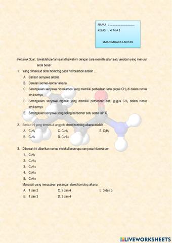 Soal evaluasi tata nama alkana