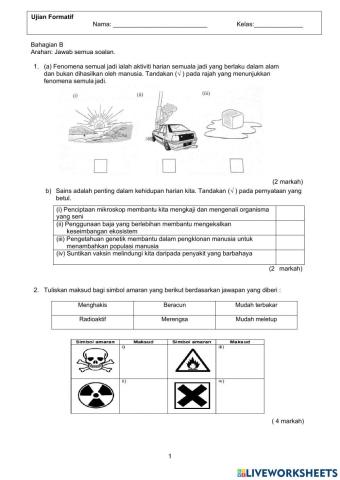 Ujian formatif Sains Tingkatan Satu bab 1 - bab 3