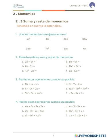 Monomios semejantes. Suma y resta de monomios