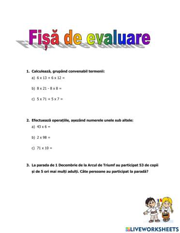 Fișă de evaluare la matematică