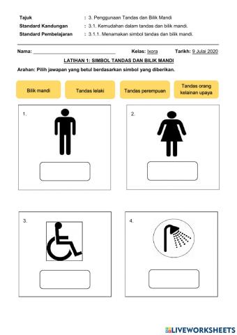 Menamakan simbol tandas dan bilik mandi