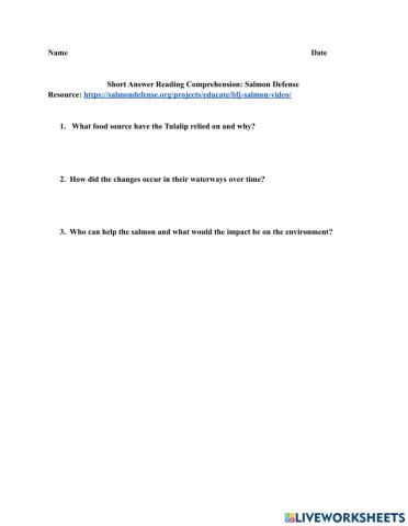 Salmon Defense Short Answer Reading Comprehension