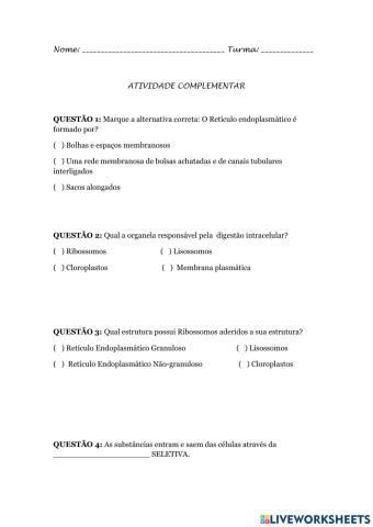 Atividade sobre Organelas Citoplasmáticas