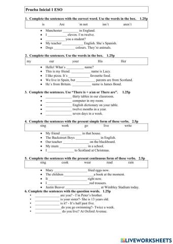 Evaluación inicial 1 eso inglés