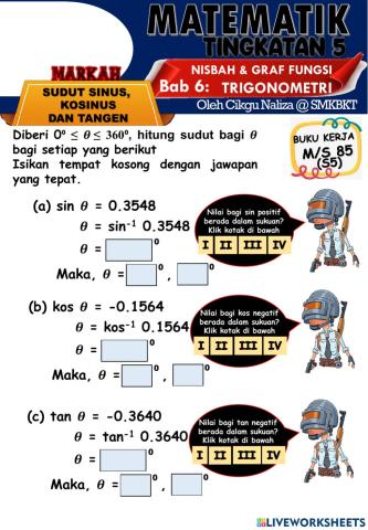 Sudut bagi nilai sin. kos dan tan