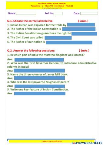 Assessment 1 History Class VIII 2-4