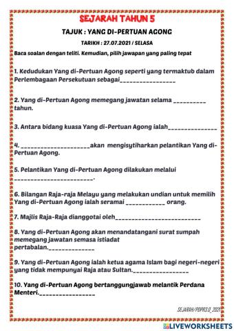 Sejarah tahun 5 : yang di-pertuan agong