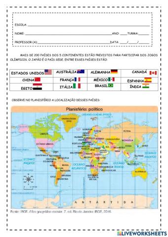 Continentes dos países que participam das olimpíadas 2021