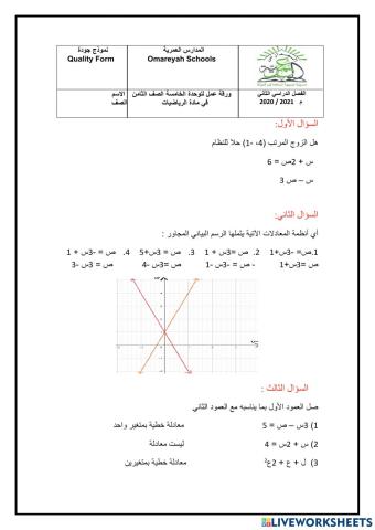 ورقة عمل ثامن المعادلات الخطية بمتغيرين