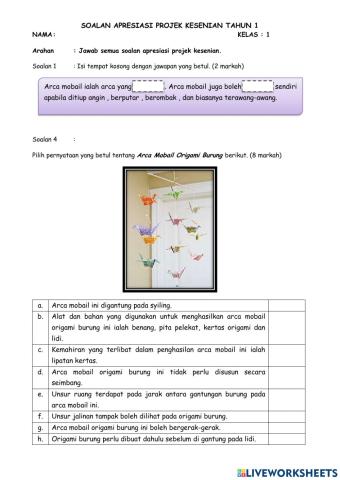 Projek Kesenian Bahagian B2 Tahun 1