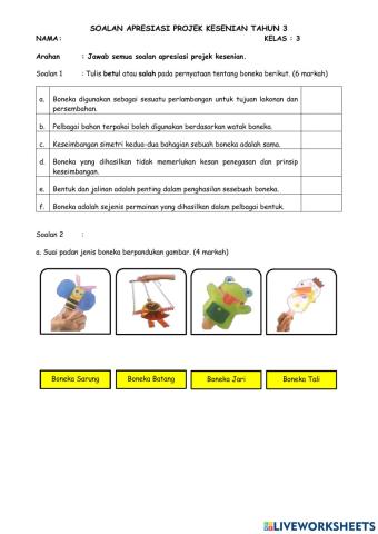 Projek Kesenian Bahagian B1 Tahun 3