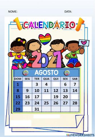 Calendário mês de agosto