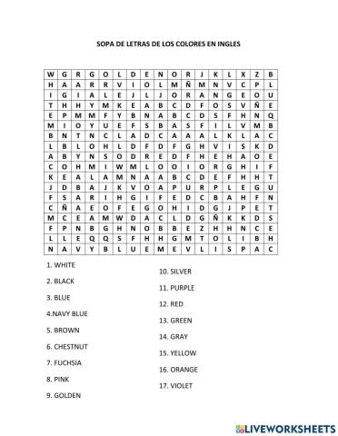 Sopa de letras de los colores en ingles