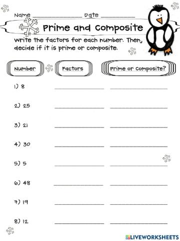 Prime numbers worksheet